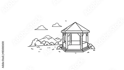 gazebo landscape illustration with mountains and trees on transparent background