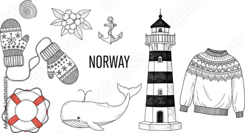 Hand-Drawn Vector Collection of Norway Travel and Cultural Elements, Featuring Lighthouse, Whale, Fair Isle Sweater, Mittens, Lifebuoy, and Berries, Ideal for Scandinavian Graphics.