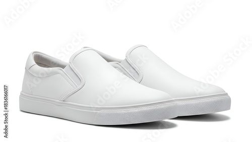 Crisp, white slip-on sneakers, angled. Solid background. Focus on smooth, clean design