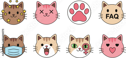 Adorable Kawaii Cat Faces Vector Icon Set with Expressions for FAQ, Female Symbol, Heart Eyes, Mask, and Paw Print, Ideal for Pet Care, Social Media, and Cute UI Design