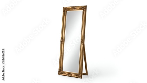 Ornate gold-framed full-length mirror standing on a white background