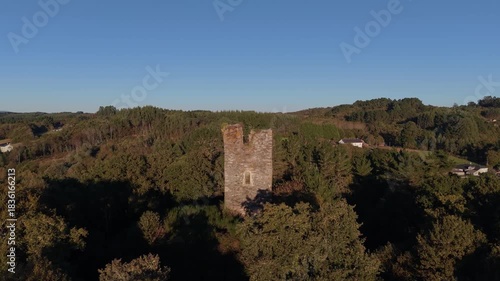 Caldaloba Castle In Cospeito, Lugo During Sunset In Spain - Aerial Pullback