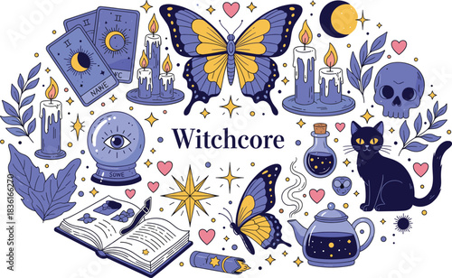 Detailed Witchcore Vector Collection with Magic Spells, Crystal Ball, Black Cat, Butterflies, Candles, Skull, and Tarot Cards, Ideal for Occult, Esoteric, and Mystical Graphic