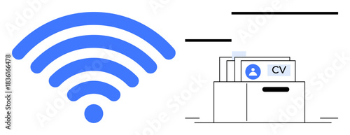 Wireless communication concept. Wireless connectivity ed with a wireless symbol alongside a digital resume storage icon. Wireless technology impacts data sharing, resume handling, smart recruitment