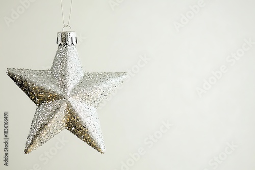 Glittering star decoration suspended from a Christmas tree branch festively