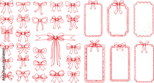 Whimsical coquette-themed collection featuring wavy frame designs, vintage doodle accents, red ribbon bow elements and hand-drawn decorative borders eps