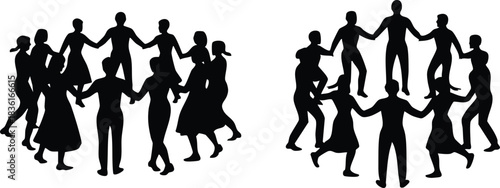 Black Silhouette of People Dancing in a Circle, Group of Friends Holding Hands in a Ring, Two Circles of People Dancing Silhouettes, Teamwork and Unity Concept Graphic, silhouette, vector