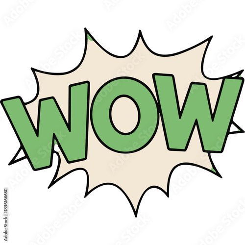 Retro Comic Book Style Speech Bubble With The Word WOW In Green And Cream Colors Against A Black Background