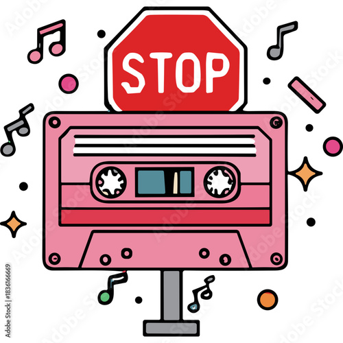 Retro Pink Cassette Tape With Stop Sign Above Surrounded by Musical Notes Sparkles and Confetti on Black Background