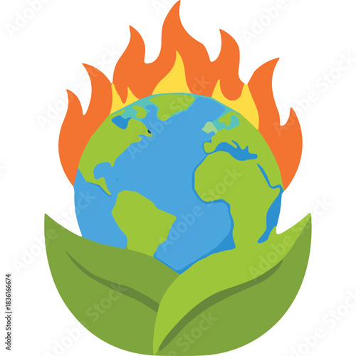 Planet Earth engulfed in flames with green leaves symbolizing environmental crisis and global warming threat affecting the planet
