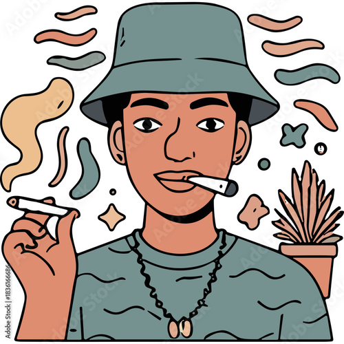 Portrait of a person wearing a teal bucket hat and a teal t-shirt with wavy lines holding a joint with abstract shapes and a potted plant in the background in a minimalist flat illustration style