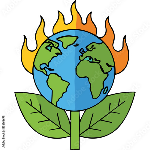 Planet Earth globe on fire with green leaves symbolizing environmental crisis and global warming disaster illustration