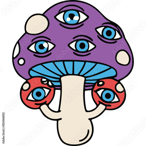Psychedelic Mushroom With Multiple Eyes and Spots In Purple And Red With A Beige Stem Isolated On Black