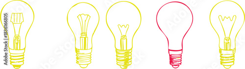 One red lightbulb outline stands out among four yellow lightbulbs