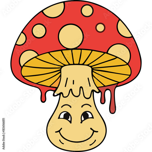 Psychedelic Mushroom Character With Red Cap Yellow Spots And Smiling Face Dripping Red Liquid Psychedelic Art Style Illustration With Black Background