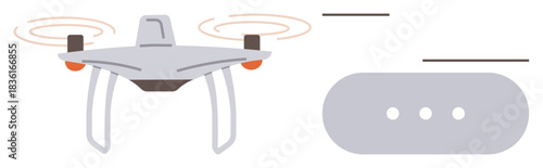 Quadrotor quadcopter in flight with motion lines and chat bubble representing communication, technology, and innovation. Ideal for technology, innovation, Quadcopters, connectivity, remote control