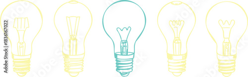 One blue light bulb different from yellow ones, symbolizing unique ideas