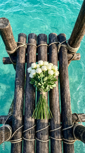 Flowers placed on a wooden dock over clear water during the day at an outdoor location