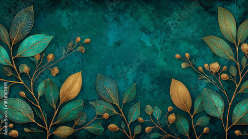 Emerald background with golden botanical branches creates an elegant decorative composition, perfect for adding text or designing stylish invitations.
