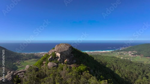 Flyover The Penedos de Pasarela e Traba Route Protected Landscape in the Costa da Morte region of Galicia, Spain. Aerial Drone Shot
