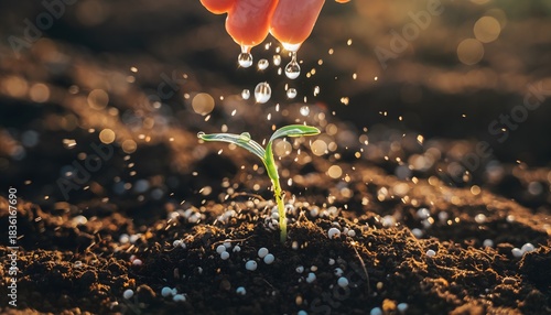 Nurturing a fragile seedling with gentle drops of water, symbolizing growth and new beginnings in fertile soil