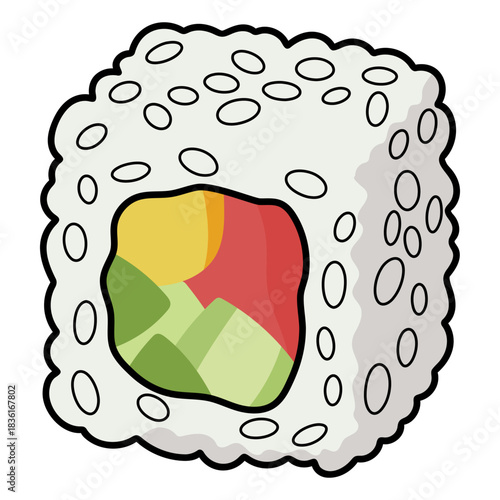 Classic square maki sushi roll with rice, avocado, and fish inside. Traditional Japanese cuisine for restaurant menu or food design.