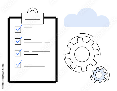 Productivity, cloud services, workflow optimization, task automation, project management, digital solutions. Checklist with gears and a cloud icon. Productivity and cloud services concepts
