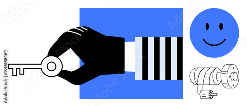 Security concept. Hand holding a key unlocking possibilities and protection. Security ed with lock and happy face conveys safety and access control. For identity security, data encryption, access