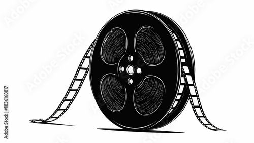 Classic film reel with film strip unspooling, representing cinema and movie production.