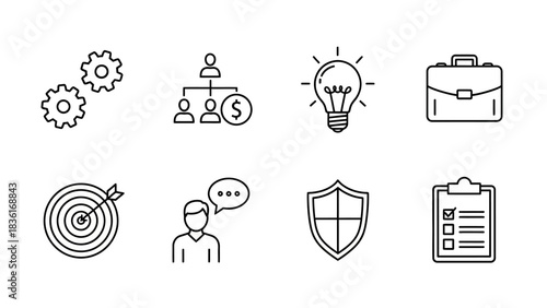 Set of hand drawn business icons representing strategy planning and success in a simple sketch style