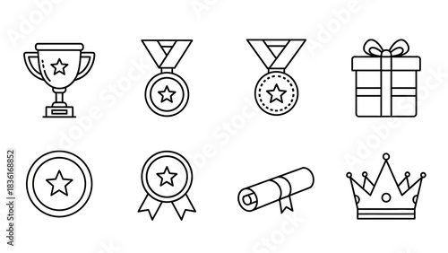 Collection of award and achievement icons including trophy medals gift diploma and crown
