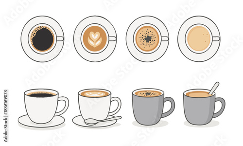 Coffee drinks top and side view set vector illustration, easily editable.