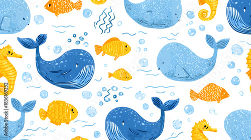 Cute ocean pattern with cartoon whales and seahorses for kids' decor