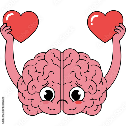 Pink Brain Character Holding Two Red Hearts Above Head With A Sad Expression on Face Against Black Background Simple Design