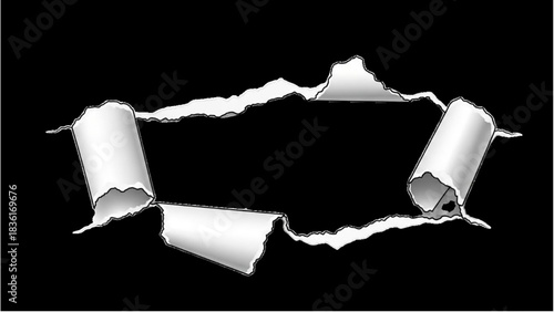 Creative torn paper edge effect with curled white pages, forming a dramatic irregular frame on a dark backdrop, perfect for versatile design