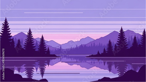 Pixelated Mountain Landscape with Lake and Trees in Purple Hues, Tranquil Scene