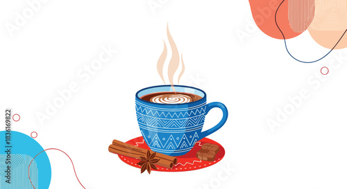 A cozy blue mug of steaming hot chocolate with latte art, accompanied by cinnamon sticks, star anise, and delicious cookies, evoking warmth and comfort.