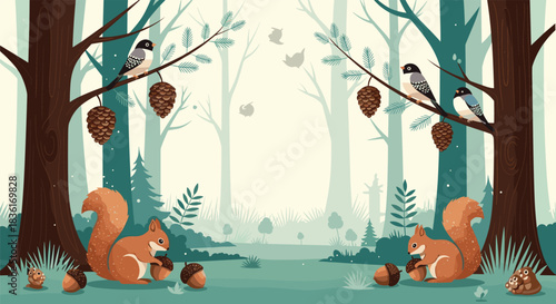 Charming forest illustration with squirrels collecting acorns and birds perched on branches with pinecones.