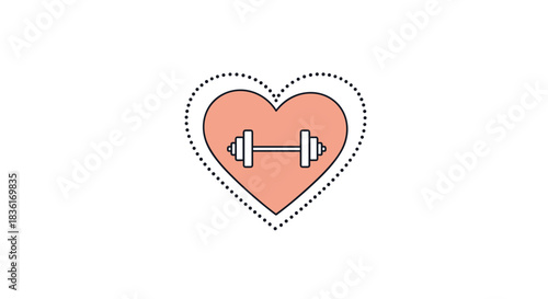 A clean graphic illustration of a dumbbell inside a peach heart with a dotted outline, symbolizing a passion for fitness and healthy living.