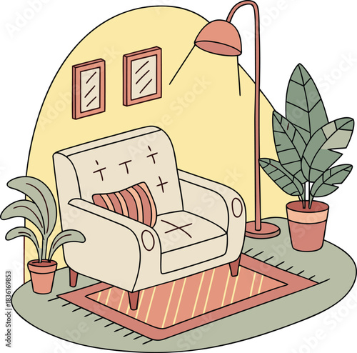 Cozy minimalist living room corner featuring a comfortable armchair and warm reading lamp perfect for relaxation