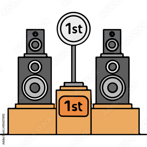 Pair Of Grey Loudspeakers On A Podium With A First Place Sign And Orange Accent Elements Against A Black Background Celebrating A Victory Or Competition Win