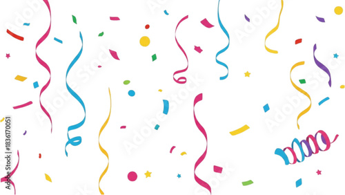 Festive Celebration Colorful Confetti and Streamers Floating in the Air on White Background