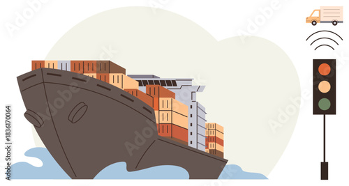 Cargo ship carrying containers sails, accompanied by smart traffic signal and delivery truck. Ideal for logistics, shipping, freight, transportation, export-import, supply chain smart tech. Simple
