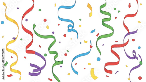 Vibrant streamers and colorful confetti create a dynamic and joyful festive atmosphere, perfect for any celebration or event