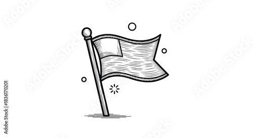 Hand-drawn sketch of a waving flag on a pole, depicted in a vintage or retro doodle style, symbolizing celebration and patriotism.