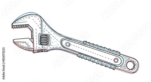 Adjustable wrench illustration with an anaglyph 3D effect, drawn in a technical, blueprint-like style on a white background.