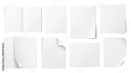 A realistic set of blank white paper sheets, folded booklets, and pages with curled corners