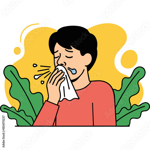 Person Sneezing Into a Tissue with Water Droplets Spraying Outwards Surrounded by Green Leaves and Yellow Abstract Shapes Against a White Background