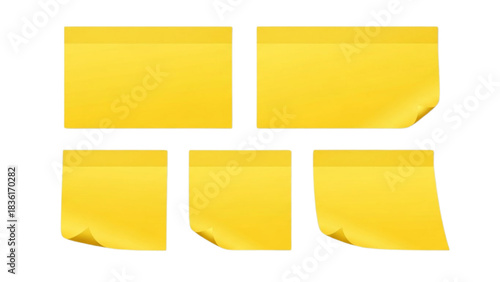 Collection of Blank Yellow Sticky Notes with Curled Corners for Reminders and Messages
