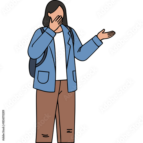 Person Wearing A Blue Jacket And Brown Pants Coughing While Gesturing With Their Hand In A White Background Isolated Person